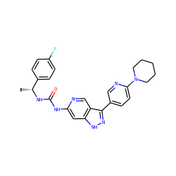 C[C@@H](NC(=O)Nc1cc2[nH]nc(-c3ccc(N4CCCCC4)nc3)c2cn1)c1ccc(F)cc1 ZINC000219758298