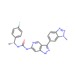 C[C@@H](NC(=O)Nc1cc2[nH]nc(-c3ccc4nnn(C)c4c3)c2cn1)c1ccc(F)cc1 ZINC000261083577