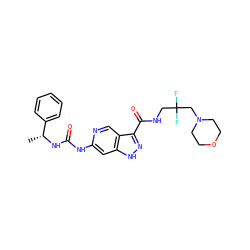 C[C@@H](NC(=O)Nc1cc2[nH]nc(C(=O)NCC(F)(F)CN3CCOCC3)c2cn1)c1ccccc1 ZINC000261174783