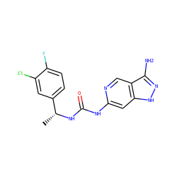 C[C@@H](NC(=O)Nc1cc2[nH]nc(N)c2cn1)c1ccc(F)c(Cl)c1 ZINC001772611832