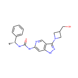 C[C@@H](NC(=O)Nc1cc2[nH]nc(N3CC(CO)C3)c2cn1)c1ccccc1 ZINC000210788734