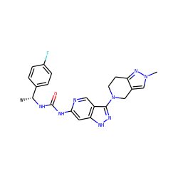 C[C@@H](NC(=O)Nc1cc2[nH]nc(N3CCc4nn(C)cc4C3)c2cn1)c1ccc(F)cc1 ZINC001772633312