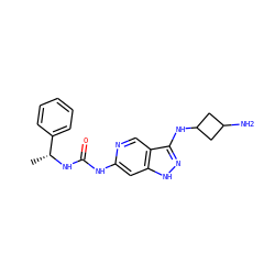 C[C@@H](NC(=O)Nc1cc2[nH]nc(NC3CC(N)C3)c2cn1)c1ccccc1 ZINC001772582681