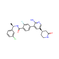 C[C@@H](NC(=O)c1ccc(-c2cc([C@@H]3CCNC(=O)C3)cnc2N)cc1F)c1cccc(Cl)c1 ZINC001772641124