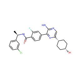 C[C@@H](NC(=O)c1ccc(-c2nc([C@H]3CC[C@@H](O)CC3)cnc2N)cc1F)c1cccc(Cl)c1 ZINC001772653524