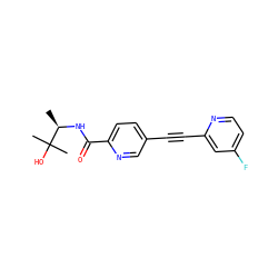 C[C@@H](NC(=O)c1ccc(C#Cc2cc(F)ccn2)cn1)C(C)(C)O ZINC000096933568