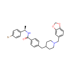 C[C@@H](NC(=O)c1ccc(CC2CCN(Cc3ccc4c(c3)OCO4)CC2)cc1)c1ccc(Br)cc1 ZINC000043019680