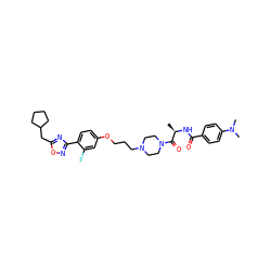 C[C@@H](NC(=O)c1ccc(N(C)C)cc1)C(=O)N1CCN(CCCOc2ccc(-c3noc(CC4CCCC4)n3)c(F)c2)CC1 ZINC000027734792