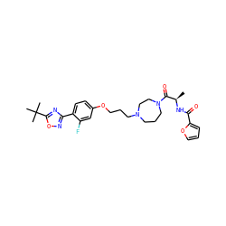 C[C@@H](NC(=O)c1ccco1)C(=O)N1CCCN(CCCOc2ccc(-c3noc(C(C)(C)C)n3)c(F)c2)CC1 ZINC000027735359