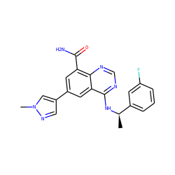 C[C@@H](Nc1ncnc2c(C(N)=O)cc(-c3cnn(C)c3)cc12)c1cccc(F)c1 ZINC000114347238