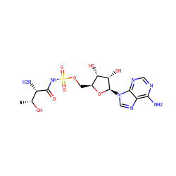 C[C@@H](O)[C@H](N)C(=O)NS(=O)(=O)OC[C@@H]1O[C@H](n2cnc3c(N)ncnc32)[C@@H](O)[C@H]1O ZINC000095596326