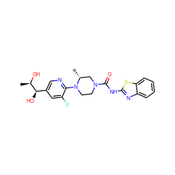 C[C@@H](O)[C@H](O)c1cnc(N2CCN(C(=O)Nc3nc4ccccc4s3)C[C@H]2C)c(F)c1 ZINC001772575782