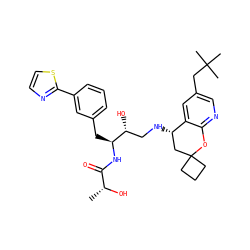 C[C@@H](O)C(=O)N[C@@H](Cc1cccc(-c2nccs2)c1)[C@H](O)CN[C@H]1CC2(CCC2)Oc2ncc(CC(C)(C)C)cc21 ZINC000095573941