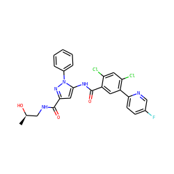 C[C@@H](O)CNC(=O)c1cc(NC(=O)c2cc(-c3ccc(F)cn3)c(Cl)cc2Cl)n(-c2ccccc2)n1 ZINC001772639836