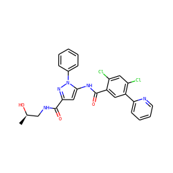 C[C@@H](O)CNC(=O)c1cc(NC(=O)c2cc(-c3ccccn3)c(Cl)cc2Cl)n(-c2ccccc2)n1 ZINC001772606006