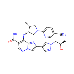 C[C@@H](O)Cn1cc(-c2cn3ncc(C(N)=O)c(N[C@H]4CN(c5ccc(C#N)cn5)C[C@H]4C)c3n2)cn1 ZINC001772630153