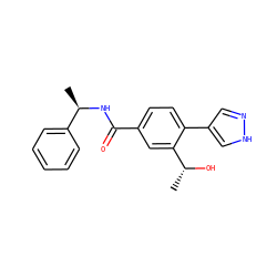 C[C@@H](O)c1cc(C(=O)N[C@H](C)c2ccccc2)ccc1-c1cn[nH]c1 ZINC000224679273