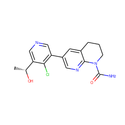 C[C@@H](O)c1cncc(-c2cnc3c(c2)CCCN3C(N)=O)c1Cl ZINC001772590012