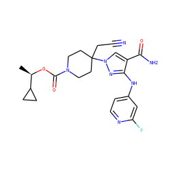 C[C@@H](OC(=O)N1CCC(CC#N)(n2cc(C(N)=O)c(Nc3ccnc(F)c3)n2)CC1)C1CC1 ZINC000219281994