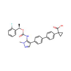 C[C@@H](OC(=O)Nc1c(-c2ccc(-c3ccc(C4(C(=O)O)CC4)cc3)cc2)cnn1C)c1ccccc1F ZINC000095573834