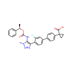 C[C@@H](OC(=O)Nc1c(-c2ccc(-c3ccc(C4(C(=O)O)CC4)cc3)cc2F)nnn1C)c1ccccc1 ZINC000095574509