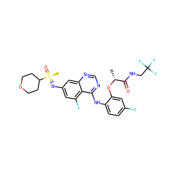 C[C@@H](Oc1cc(F)ccc1Nc1ncnc2cc(N=[S@@](C)(=O)C3CCOCC3)cc(F)c12)C(=O)NCC(F)(F)F ZINC001772579565