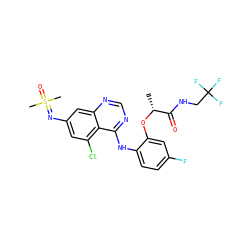 C[C@@H](Oc1cc(F)ccc1Nc1ncnc2cc(N=S(C)(C)=O)cc(Cl)c12)C(=O)NCC(F)(F)F ZINC001772583585