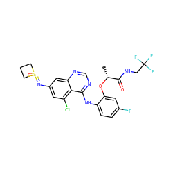 C[C@@H](Oc1cc(F)ccc1Nc1ncnc2cc(N=S3(=O)CCC3)cc(Cl)c12)C(=O)NCC(F)(F)F ZINC000222110092