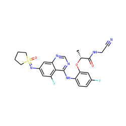 C[C@@H](Oc1cc(F)ccc1Nc1ncnc2cc(N=S3(=O)CCCC3)cc(F)c12)C(=O)NCC#N ZINC001772582686
