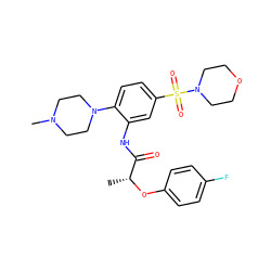 C[C@@H](Oc1ccc(F)cc1)C(=O)Nc1cc(S(=O)(=O)N2CCOCC2)ccc1N1CCN(C)CC1 ZINC000024756118