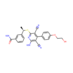 C[C@@H](Sc1nc(N)c(C#N)c(-c2ccc(OCCO)cc2)c1C#N)c1cccc(C(N)=O)c1 ZINC000113377710