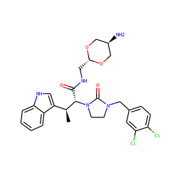 C[C@@H](c1c[nH]c2ccccc12)[C@H](C(=O)NC[C@H]1OC[C@H](N)CO1)N1CCN(Cc2ccc(Cl)c(Cl)c2)C1=O ZINC000253639535