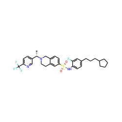 C[C@@H](c1ccc(C(F)(F)F)nc1)N1CCc2cc(S(=O)(=O)Nc3ccc(CCCC4CCCC4)cc3F)ccc2C1 ZINC000261178040