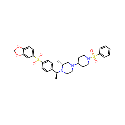 C[C@@H](c1ccc(S(=O)(=O)c2ccc3c(c2)OCO3)cc1)N1CCN(C2CCN(S(=O)(=O)c3ccccc3)CC2)C[C@H]1C ZINC000027876703