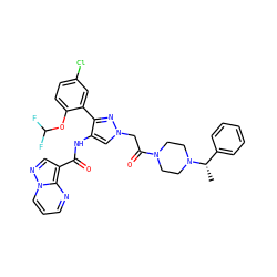 C[C@@H](c1ccccc1)N1CCN(C(=O)Cn2cc(NC(=O)c3cnn4cccnc34)c(-c3cc(Cl)ccc3OC(F)F)n2)CC1 ZINC001772656216