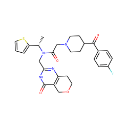 C[C@@H](c1cccs1)N(Cc1nc2c(c(=O)[nH]1)COCC2)C(=O)CN1CCC(C(=O)c2ccc(F)cc2)CC1 ZINC000208803497