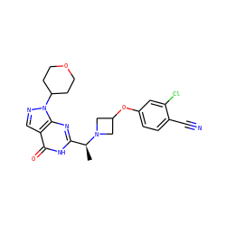 C[C@@H](c1nc2c(cnn2C2CCOCC2)c(=O)[nH]1)N1CC(Oc2ccc(C#N)c(Cl)c2)C1 ZINC000095574573