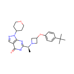 C[C@@H](c1nc2c(cnn2C2CCOCC2)c(=O)[nH]1)N1CC(Oc2ccc(C(C)(C)C)cc2)C1 ZINC001772585781