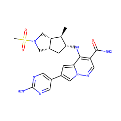 C[C@@H]1[C@H]2CN(S(C)(=O)=O)C[C@H]2C[C@H]1Nc1c(C(N)=O)cnn2cc(-c3cnc(N)nc3)cc12 ZINC000203818745