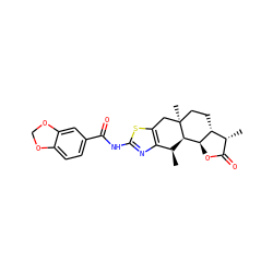 C[C@@H]1C(=O)O[C@H]2[C@H]3[C@@H](C)c4nc(NC(=O)c5ccc6c(c5)OCO6)sc4C[C@@]3(C)CC[C@H]12 ZINC000253654669