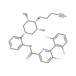C[C@@H]1C[C@H](c2ccncc2NC(=O)c2ccc(F)c(-c3c(F)cccc3F)n2)C[C@H](N)[C@@H]1OCCC#N ZINC000207182221