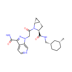 C[C@@H]1CCC[C@H](CNC(=O)[C@@H]2C[C@H]3C[C@H]3N2C(=O)Cn2nc(C(N)=O)c3ccncc32)C1 ZINC000210850406