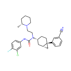 C[C@@H]1CCCCN1CCN(C(=O)Nc1ccc(F)c(Cl)c1)[C@@H]1CC[C@]2(c3cccc(C#N)c3)C[C@@H]2C1 ZINC000028649869
