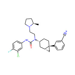 C[C@@H]1CCCN1CCN(C(=O)Nc1ccc(F)c(Cl)c1)[C@@H]1CC[C@]2(c3cccc(C#N)c3)C[C@@H]2C1 ZINC000028649845