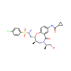 C[C@@H]1CN([C@H](C)CO)C(=O)c2cc(NC(=O)C3CC3)ccc2O[C@H]1CN(C)S(=O)(=O)c1ccc(Cl)cc1 ZINC000095854300