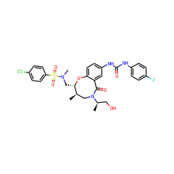C[C@@H]1CN([C@H](C)CO)C(=O)c2cc(NC(=O)Nc3ccc(F)cc3)ccc2O[C@H]1CN(C)S(=O)(=O)c1ccc(Cl)cc1 ZINC000095602377