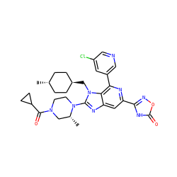 C[C@@H]1CN(C(=O)C2CC2)CCN1c1nc2cc(-c3noc(=O)[nH]3)nc(-c3cncc(Cl)c3)c2n1C[C@H]1CC[C@H](C)CC1 ZINC000261117173