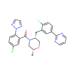 C[C@@H]1CN(C(=O)c2cc(Cl)ccc2-n2nccn2)[C@H](Cc2cc(-c3ncccn3)ccc2F)CO1 ZINC000222071964