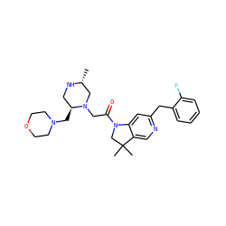 C[C@@H]1CN(CC(=O)N2CC(C)(C)c3cnc(Cc4ccccc4F)cc32)[C@@H](CN2CCOCC2)CN1 ZINC000218999445