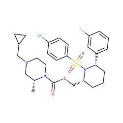 C[C@@H]1CN(CC2CC2)CCN1C(=O)OC[C@H]1CCC[C@@H](c2cccc(F)c2)N1S(=O)(=O)c1ccc(Cl)cc1 ZINC000028816515